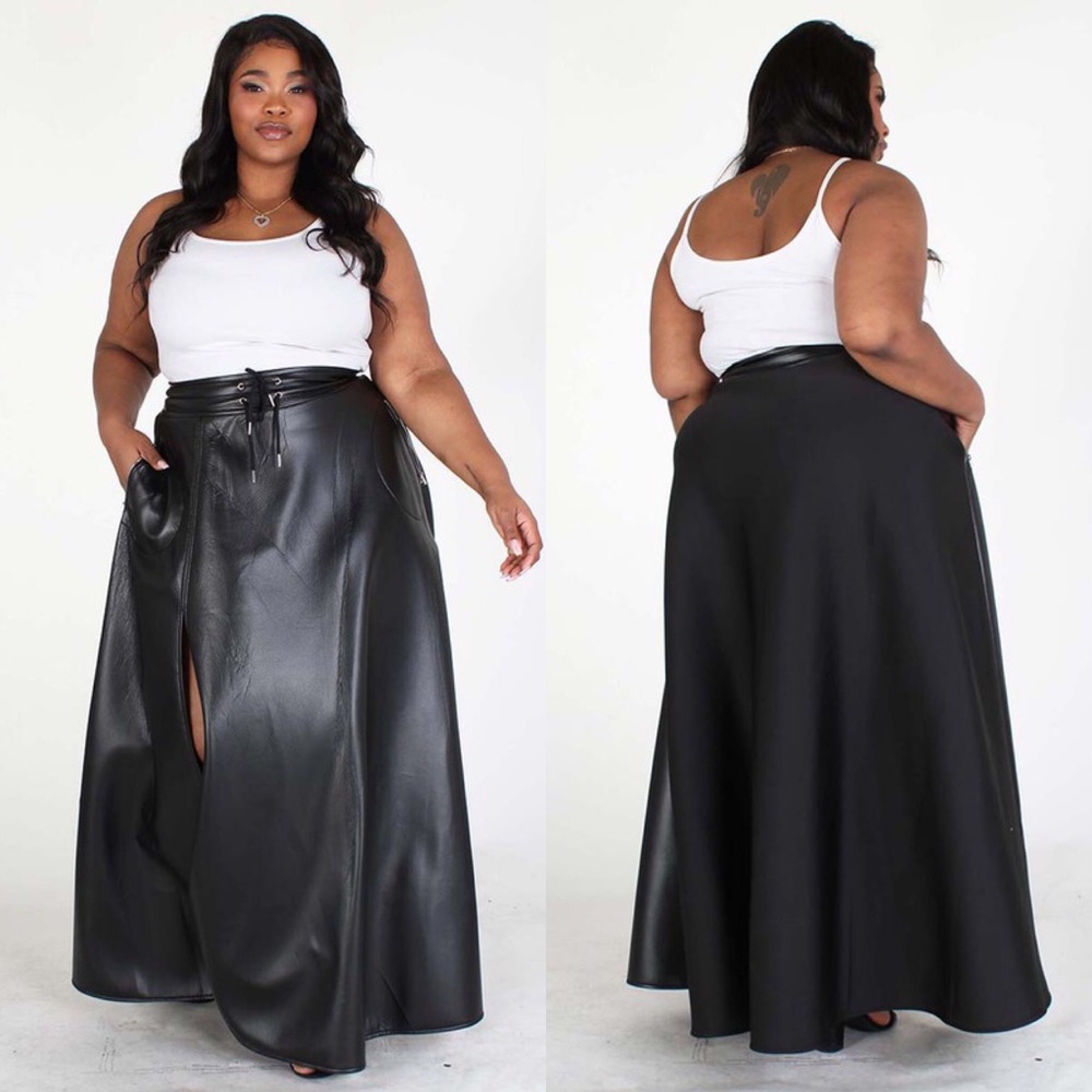 Vegan Leather Techno Maxi Skirt With Pockets